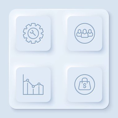 Halat ve teçhizat ayarla, Proje ekibi üssü, Pasta grafiği bilgileri ve Satış çantasıyla alışveriş torbası. Beyaz kare düğme. Vektör