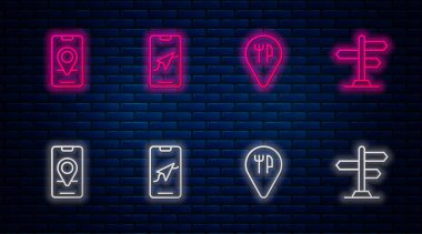 Şehir haritası navigasyonu, kafe ve restoran konumu ve trafik levhası ayarlayın. Tuğla duvarda parlayan neon simgesi. Vektör