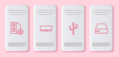 Satır Case of computer, laptop, USB and Server, Data, Web Sunuculuğu. Beyaz dikdörtgen düğme. Vektör