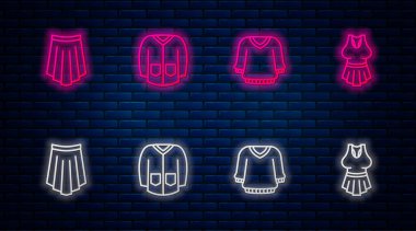 Çizgili süveter, etek ve atlet. Tuğla duvarda parlayan neon simgesi. Vektör