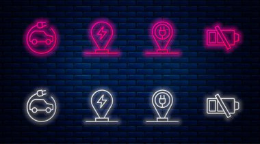 Hattı şarj eden elektrikli araba, elektrik ve düşük batarya ayarla. Tuğla duvarda parlayan neon simgesi. Vektör
