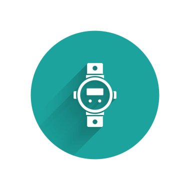 Uzun gölgeli beyaz dalış ikonu. Su altı ekipmanları. Yeşil daire düğmesi. Vektör.