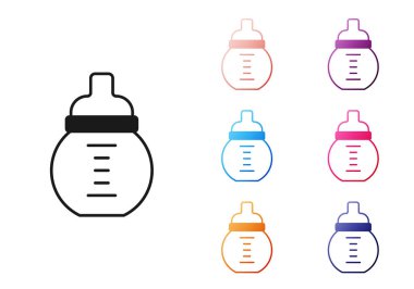 Beyaz arka planda izole edilmiş bir şişe ikonundaki siyah bebek sütü. Beslenme şişesi simgesi. Simgeleri renklendirin. Vektör.