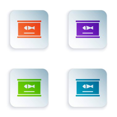 Beyaz arkaplanda izole edilmiş renkli balık simgesi. Kare düğmelere renkli simgeleri yerleştir. Vektör