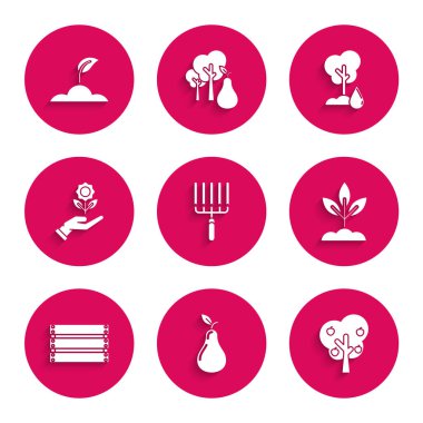 Bahçe tırmığı, Armut, Elmalı Ağaç, Bitki, Tahta Kutu, El Tutma Çiçeği, Sulama ve Yeşilleme ikonu. Vektör