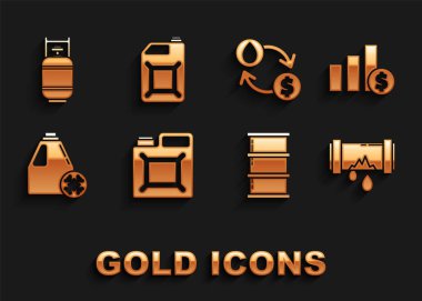 Benzin, turta şeması, bilgi ve dolar, sızıntı yapan kırık metal boru, varil yağı, antifriz kutusu, yağ değişimi, aktarım, dönüştürme, propan tankı ve ikon. Vektör