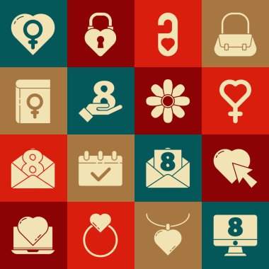 8 Mart 'ı monitör, kalp ve imleç tıklama, kadın cinsiyet sembolü, lütfen kalp, el, kadınlar hakkında kitap, in ve çiçek ikonu ile rahatsız etmeyin. Vektör