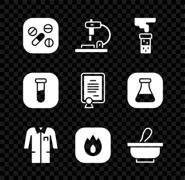 İlaç hapı ya da tablet, mikroskop, tüp ve matara, laboratuvar üniforması, ateş alevi, havan topu ve sertifika şablon ikonu hazırlayın. Vektör