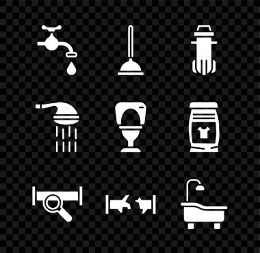 Su musluğu, lastik pompa, filtre, endüstriyel metalik boru, kırık, küvet, duş ve klozet ikonu. Vektör