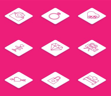 Zarfta sevgililer günü kalbi, elmas nişan yüzüğü, şeker şekilli kutu ve yay, işaret direği, sinema kamerası, Amour sembolü ok ve alışveriş çantası ikonu var. Vektör