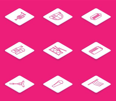 Müzik aleti trompeti, bira şişesi ve ahşap fıçı, hardallı Hotdog sandviçi, cam, davul sopası, çatal üzerinde sosis ve bira ikonu. Vektör