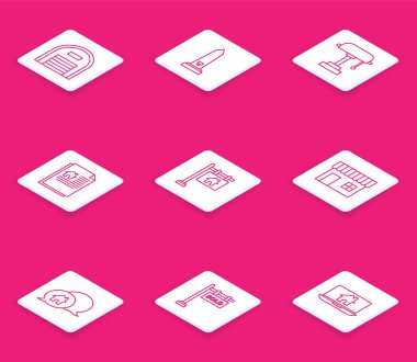 Set hattı Depo, Washington Anıtı, Masa Lambası, Ev Sözleşmesi, metin satışı, alışveriş binası veya market, konuşma balonu ve satış ikonu. Vektör