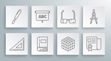 Satır üçgen cetvel, Kiremit tahtası, Kitap, Rubik küp, Sertifika şablonu, Gözlük, Çizim pusulası ve Boya fırçası simgesini ayarla. Vektör