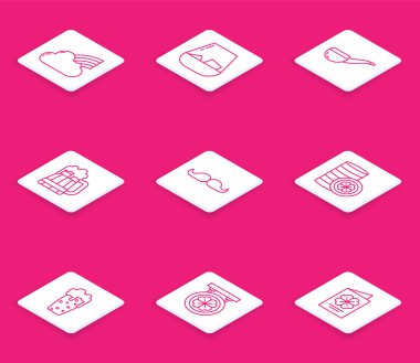 Bulutlu Gökkuşağı, bir bardak viski, tüttürme piposu, tahta bira bardağı, bıyık, altın sikke, dört yapraklı yonca ve sokak tabelası ikonu. Vektör