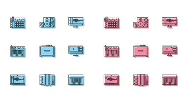 Dizüstü bilgisayar, müzik enstrümanı akordiyonu, bateri makinesi, sentezleyici, gitar amplifikatörü, video düzenleyici yazılım monitörü ve Stereo hoparlör ikonu üzerinde ses kaydedici ayarlayın. Vektör