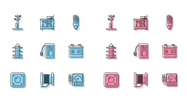 Elektrik düğmesi, elektrik kablosu, makara veya davul, yüksek voltaj elektrik direği hattı, Ampere ölçer, multimetre, voltmetre, pil, araba aküsü ve dizel jeneratör ikonu ayarla. Vektör