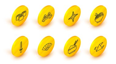 Origami kuşu, çubuklu pilav, Çin yemeği ya da Japon fanı, Japon katana, Asya eriştesi ve çubuğu, ninja shuriken, kesme tahtası ve ikon üzerinde suşi. Vektör