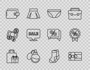 Hediye kutusu, iç çamaşırı, parfüm, cüzdan, indirimli tabela, çorap ve indirim yüzde ikonu. Vektör