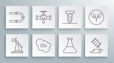 Yağ pompası ya da pompa kriko hattı su sızdıran bozuk boru, CO2 emisyon bulutu, benzin test tüpü, varil yağı, döner sondaj çukuru, biyoyakıt ve sanayi ikonu. Vektör