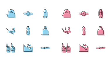 Telsiz hattı, Dağlar, saplı çaydanlık, kamp bıçağı, bir şişe su, gaz sobası, İsviçre ordusu ve bilek saati ikonu. Vektör