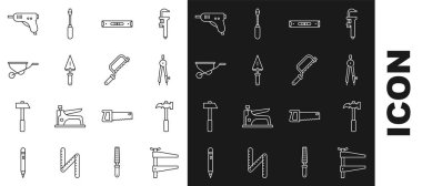 Halat kıskacı, pençe çekici, çizim pusulası, balon seviyesi, Trowel, El arabası, elektrikli sıcak yapıştırıcı tabancası ve Demir Testere simgesi. Vektör