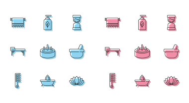 Sabit çizgi saç fırçası, Aroma mumu, askıda havlu, nilüfer çiçeği, merdivenli yüzme havuzu, havan topu, masaj masası ve esans yağ şişesi ikonu. Vektör