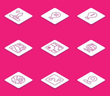 Çapraz işaret, bilgi, şehir haritası navigasyonu, şehir, dünya küresi, büyüteç ve güzergah ikonu ile sınır konumu ve anıtı ayarlayın. Vektör