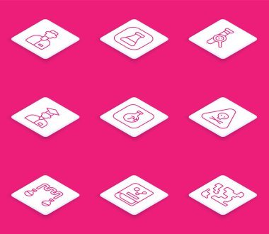 Çizgi laboratuvar asistanı, deney tüpü ve matarası çatlak, üçgen uyarı toksik ve kimya kitabı ikonu. Vektör