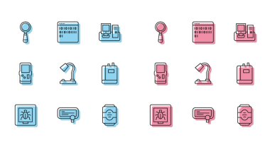 Çizgi böceklerini çerçeve, sertifika şablonu, büyüteç, enerji içeceği, masa lambası, kitap, tetris ve ikili kod simgesi olarak ayarla. Vektör