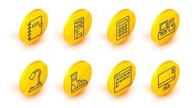 Satır bilgisayar ekranı, ikili kod, çoraplı terlikler, masa lambası, monitör klavyesi, hesap makinesi ve Spiral defter simgesi ayarla. Vektör