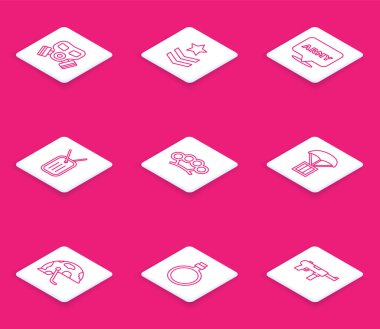 Gaz maskesi, askeri rütbe, ordu, künye, pirinç muşta, hava indirme kutusu, miğfer ve matara ikonu. Vektör