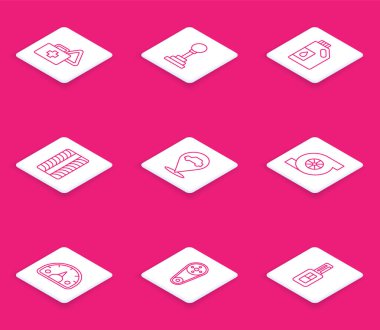 İlk yardım çantası ve uyarı üçgeni, vites kutusu, motor yağı tenekesi, araba tekerleği, araba servisli konum, otomotiv turbo şarj aleti, hız göstergesi ve zamanlayıcı ikonu. Vektör