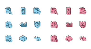 Karton karton kutu, arama paketi, kutulu kargo gemisi, teslimat güvenlik kalkanı ve mobil uygulama takip simgesi ayarla. Vektör