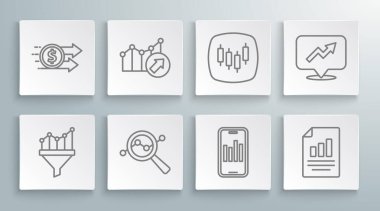 Çizgi Satış hunisini grafikle, finansal büyümeyle, arama veri analizi, mobil grafik, belge, tarayıcı borsası ve dolar simgesi ile ayarla. Vektör
