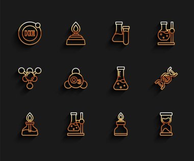 Çizgiye alkol ya da ruh yakıcı, test tüpü şişesi, helyum, eski kum saati, Ozone, DNA sembolü ve ikon koyun. Vektör