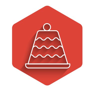 Beyaz çizgi pasta simgesi uzun gölgeli izole edildi. Doğum günün kutlu olsun. Kırmızı altıgen düğmesi. Vektör.