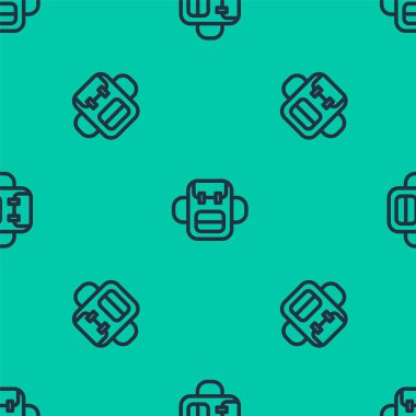 Mavi çizgi okul sırt çantası ikonu yeşil arka planda kusursuz desen izole etti. Vektör.