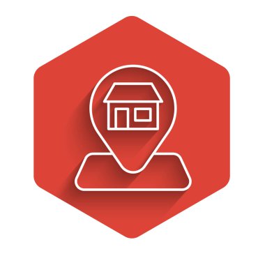 Alışveriş binası ya da market simgesi içeren beyaz çizgi haritası rozeti uzun gölgeli arka planda izole edilmiş. Dükkan inşaatı. Kırmızı altıgen düğmesi. Vektör