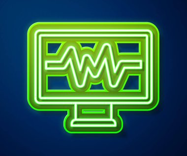 Mavi arkaplanda kardiyogram simgesi olan parlak neon hattı bilgisayar monitörü. Simge denetleniyor. Kalp atışı elle çizilmiş EKG monitörü. Vektör