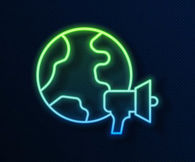 Parlayan neon hattı dünya haber simgesi mavi arkaplanda izole edildi. Flaş haber, dünya haber kanalı. Vektör