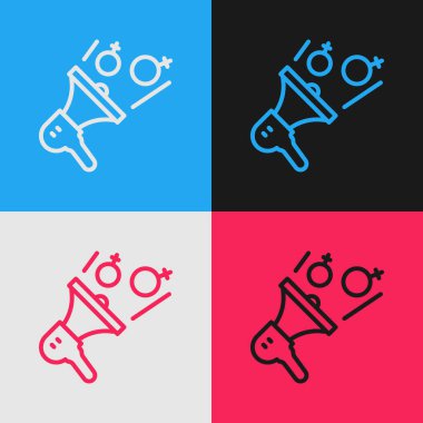 Pop Art Line Kadın Hareketi, Feminist aktivist bayrak ve pankart ikonu renkli arka planda izole. Feminist hakları hareketi, feminizm kardeşliği. Vektör