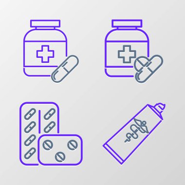 Merhem krem tüpü ilacı, haplar, ilaç şişesi, haplar ve ikon. Vektör