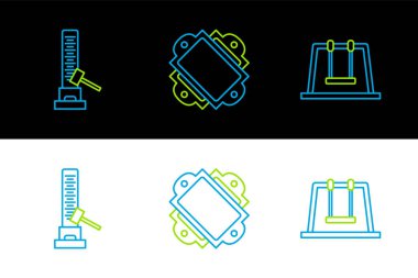 Set çizgisi Swing, büyük çekiç ve bilet ikonu ile yüksek vurucu cazibesi. Vektör