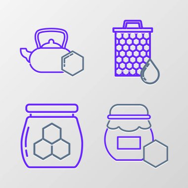 Bal kavanozu, bal peteği ve ikonlu çaydanlık. Vektör