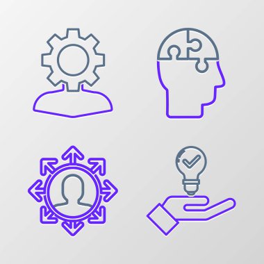 Hat ampulünü elinde tut, Proje ekibi üssü, İnsan kafası bulmaca stratejisi ve ikonun içindeki teçhizatla. Vektör