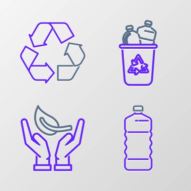 Plastik şişe, filizlenme çevre koruması, geri dönüşüm sembolü ve simgesi olan geri dönüşüm kutusu. Vektör