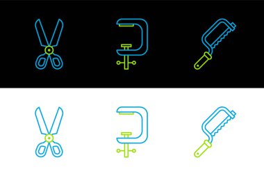 Demir testeresi, makas ve klemp ve vida araç simgesini ayarla. Vektör