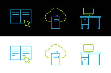 Bilgisayar monitörünü ve masasını, çevrimiçi kitap ve Cloud çevrimiçi kütüphane simgesini ayarla. Vektör