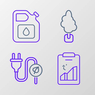 Küresel ısınma hattını, elektrik prizi yaprağını, ağaç ve teneke kutuyu benzin ikonu olarak ayarla. Vektör