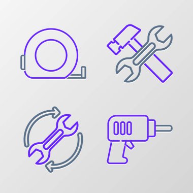 Elektrik matkap, kırbaa ve okları iş akışı olarak ayarla, Hammer anahtarı ve Rulet inşaat ikonu. Vektör